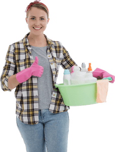 a maid carrying cleaning productsf