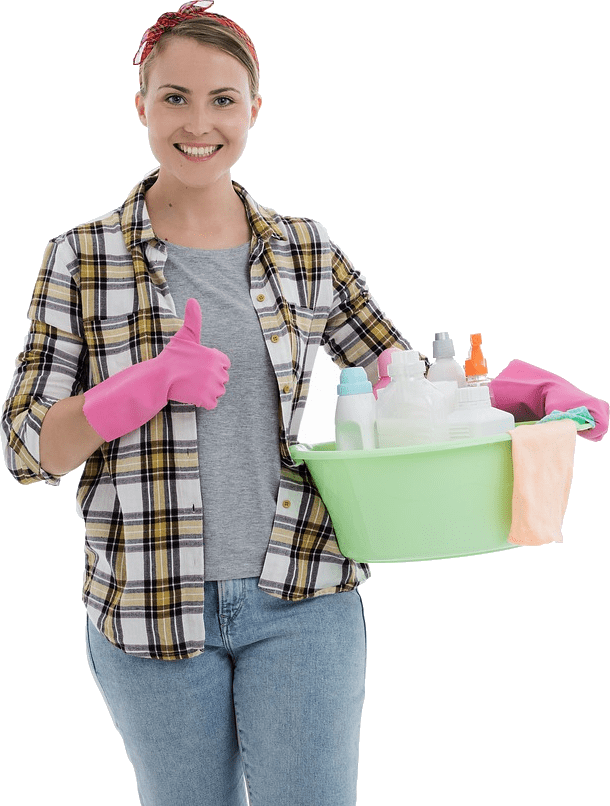 a maid carrying cleaning productsf